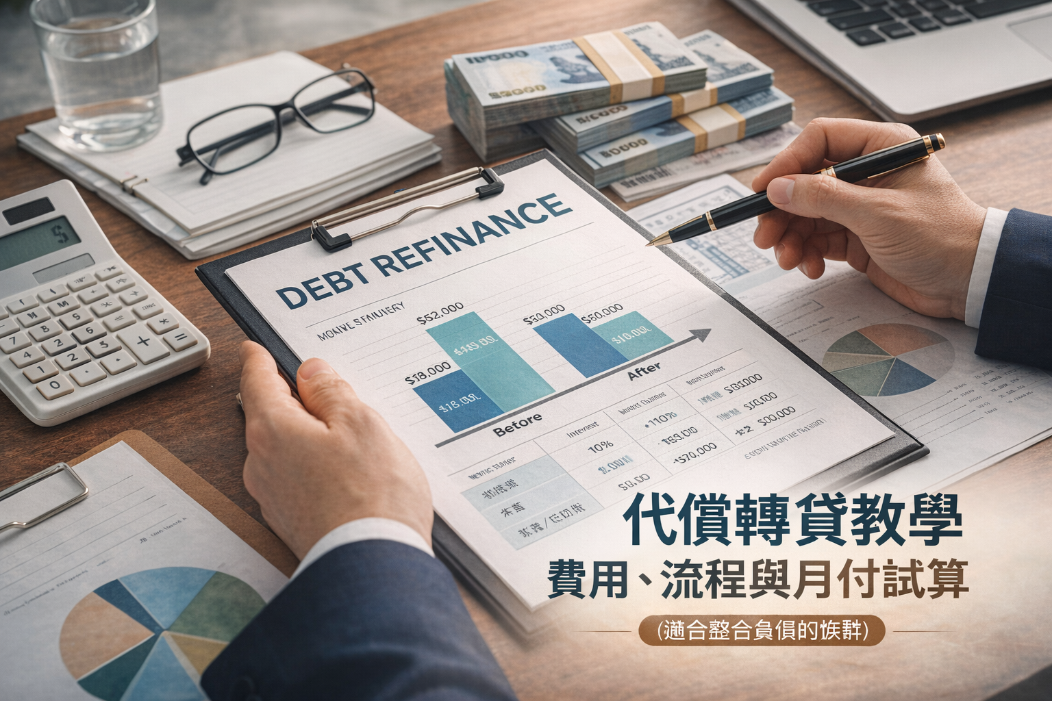 代償轉貸整合負債示意圖（貸款規劃與月付試算）